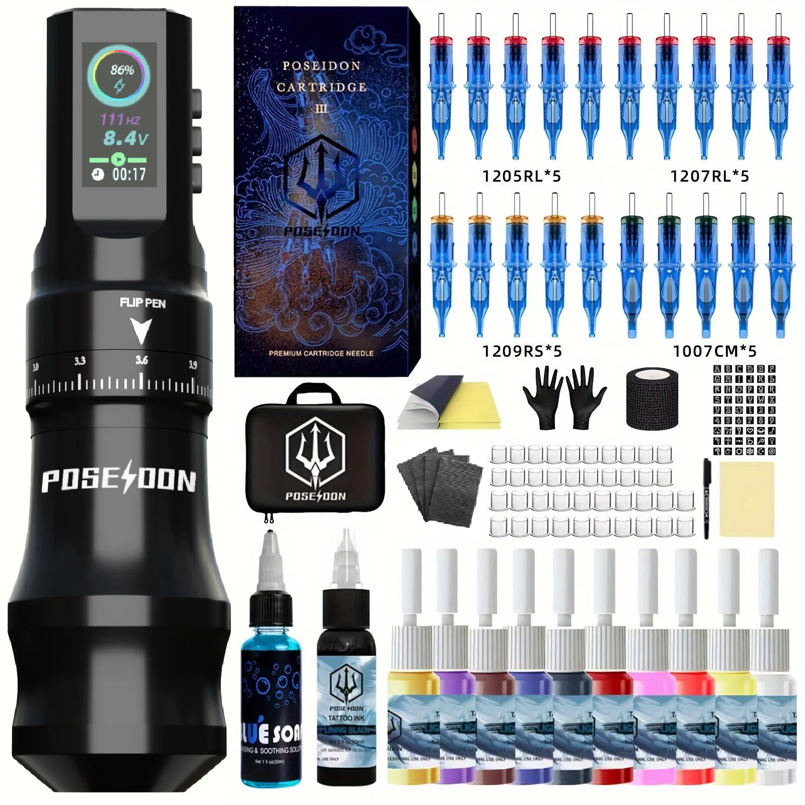 Tattoo Kit POSEIDON High Quality Tattoo Pen Kit For Permanent Makeup Tattoo Machine New Cool Tattoo Power Supply Tattoo Gun Kit