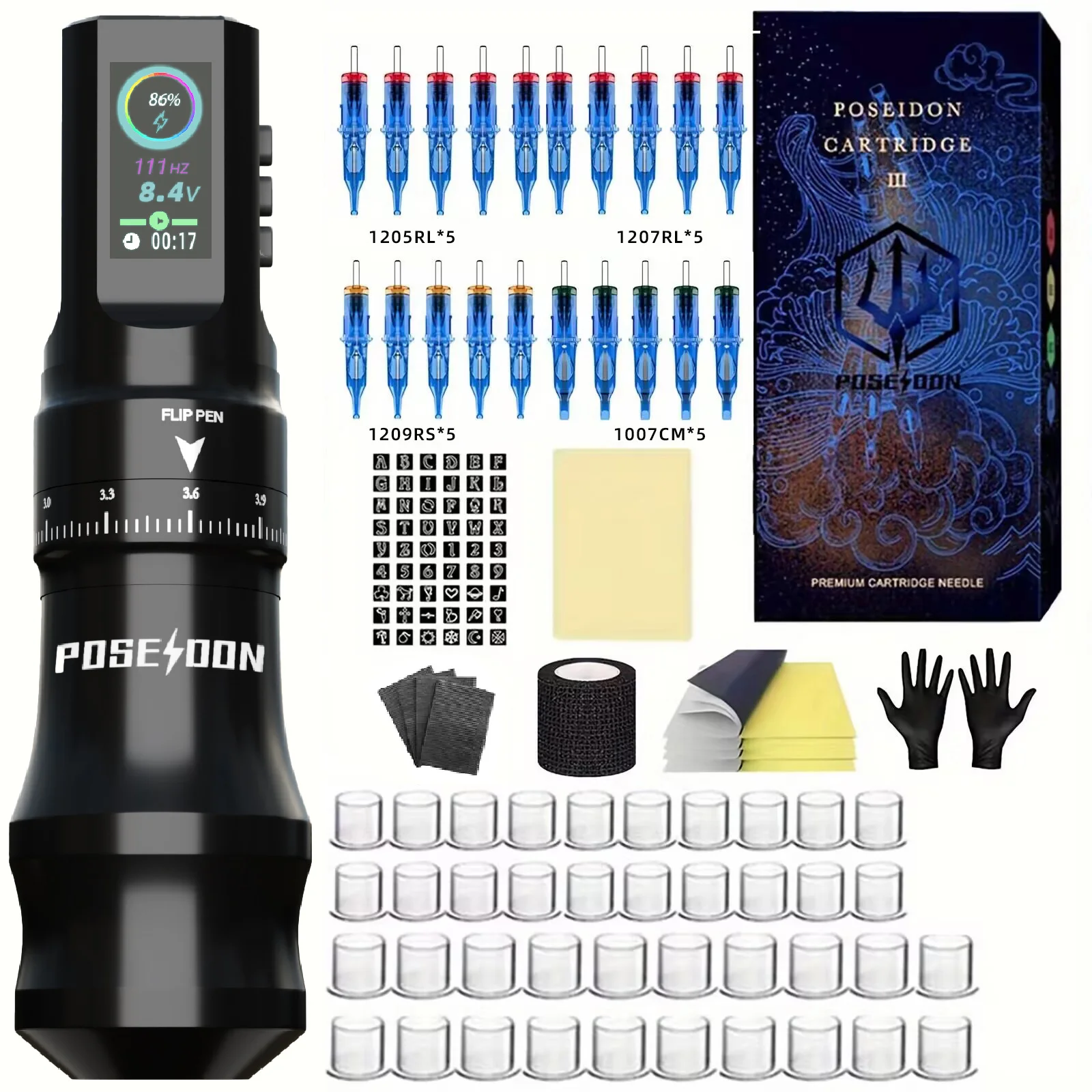 Tattoo Kit POSEIDON High Quality Tattoo Pen Kit For Permanent Makeup Tattoo Machine New Cool Tattoo Power Supply Tattoo Gun Kit