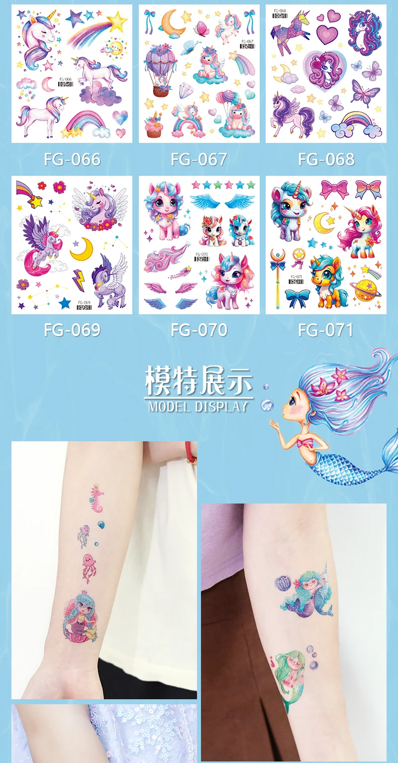 12 Sheets Glitter Unicorn Mermaid Temporary Tattoo Stickers For Kids Cartoon Rainbow Tattoos Cute Waterproof Body Art Fake Tatoo