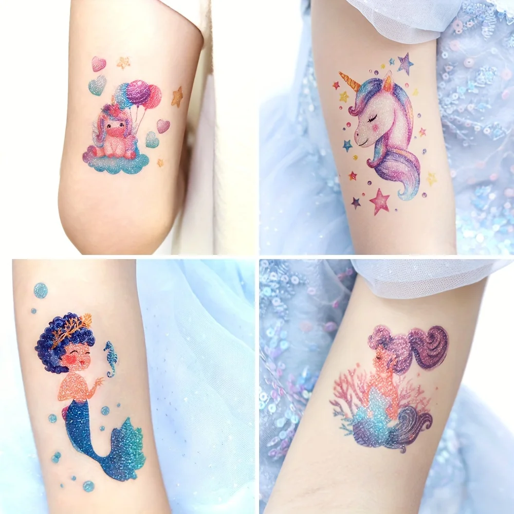 12 Sheets Glitter Unicorn Mermaid Temporary Tattoo Stickers For Kids Cartoon Rainbow Tattoos Cute Waterproof Body Art Fake Tatoo