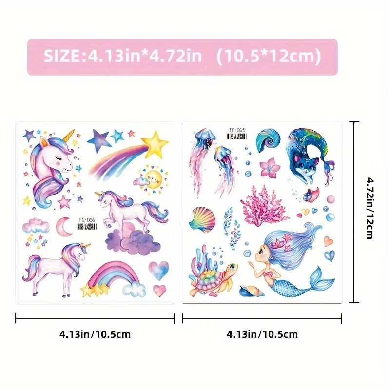 12 Sheets Glitter Unicorn Mermaid Temporary Tattoo Stickers For Kids Cartoon Rainbow Tattoos Cute Waterproof Body Art Fake Tatoo