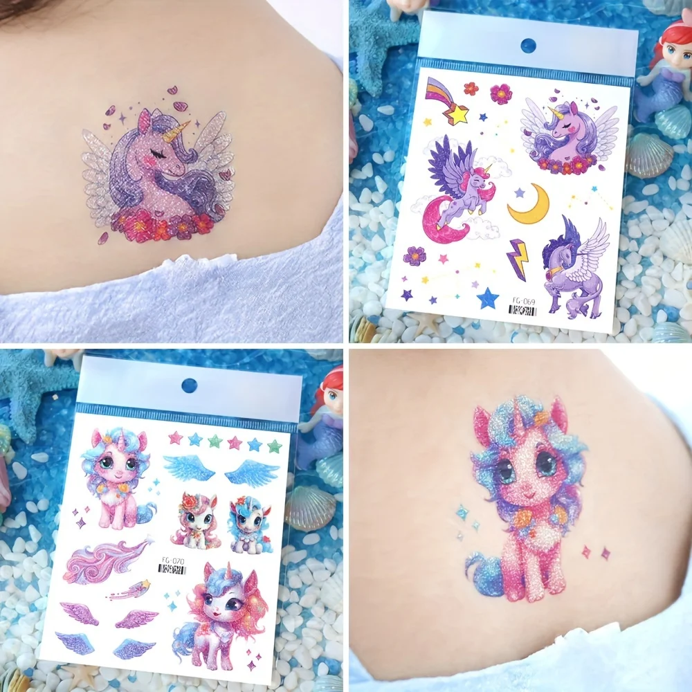 12 Sheets Glitter Unicorn Mermaid Temporary Tattoo Stickers For Kids Cartoon Rainbow Tattoos Cute Waterproof Body Art Fake Tatoo